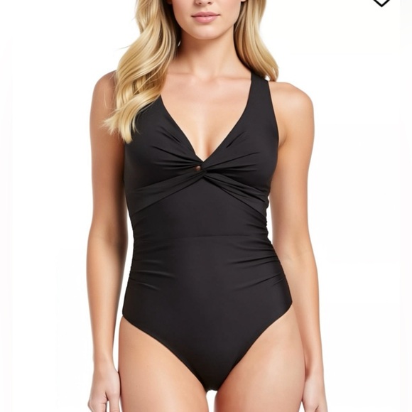 CALVIN KLEIN Black Shirred Twist-Front One-Piece Swimsuit
